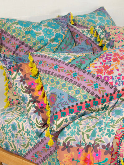 Patchwork Tassel Cotton Duvet - Grey Folk Flower-view 2