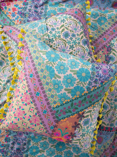 Patchwork Tassel Cotton Euro Sham - Grey Folk Flower-view 1