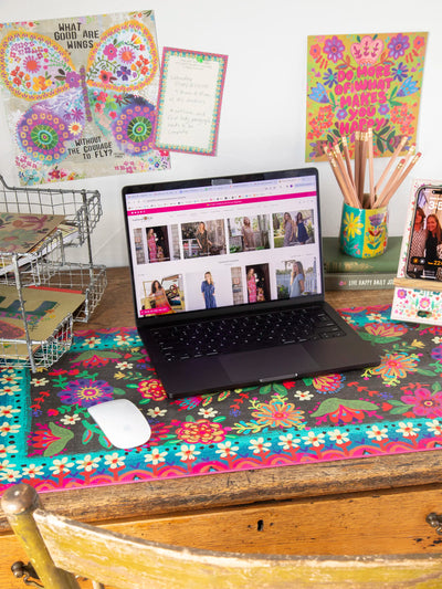 Desk Mat - Black Folk Flower-view 1