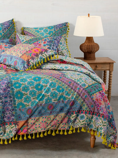 Patchwork Tassel Cotton Duvet - Grey Folk Flower-view 1